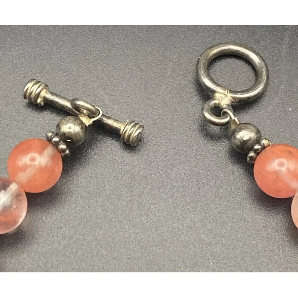 Strawberry Pink Quartz Bracelet Glass Flower Bead Sterling Silver Toggle 8" Boho - Picture 3 of 9